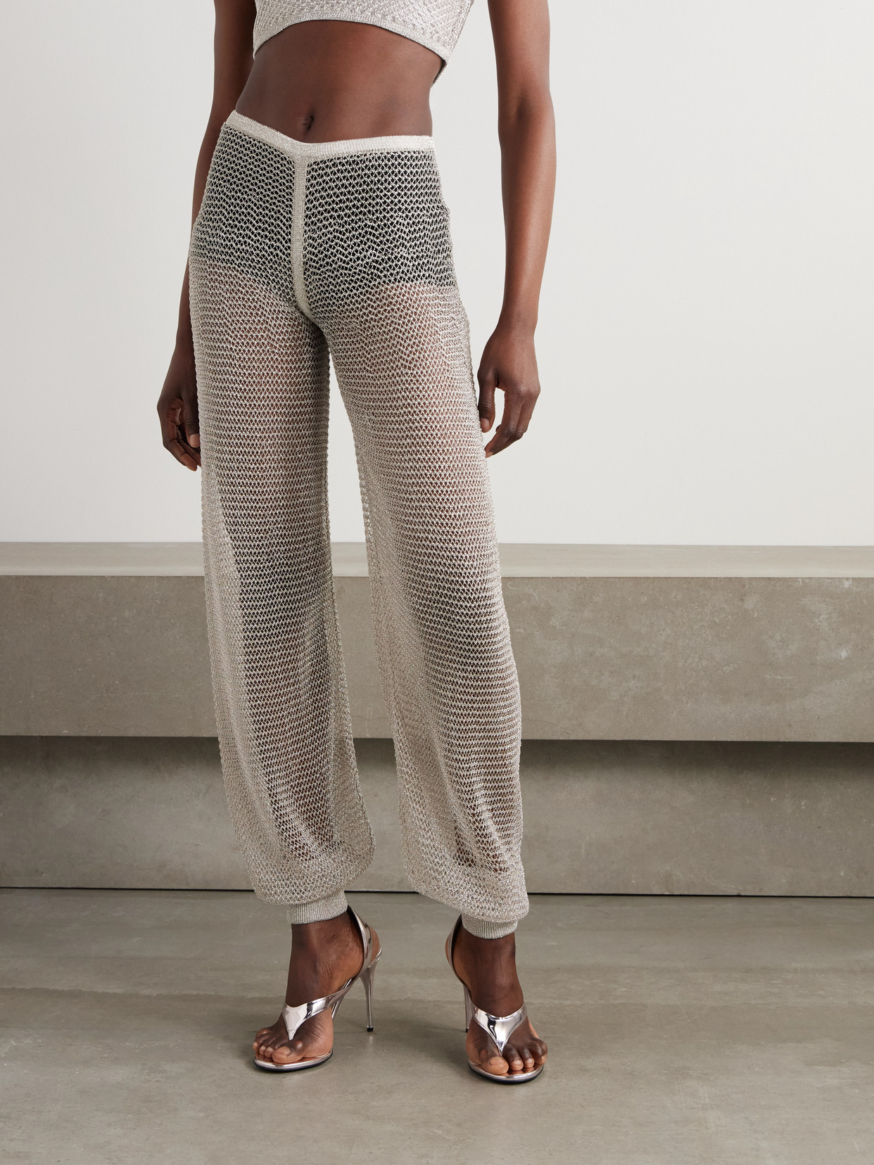 Alaïa Metallic Open-knit Wide-leg Pants In Silver