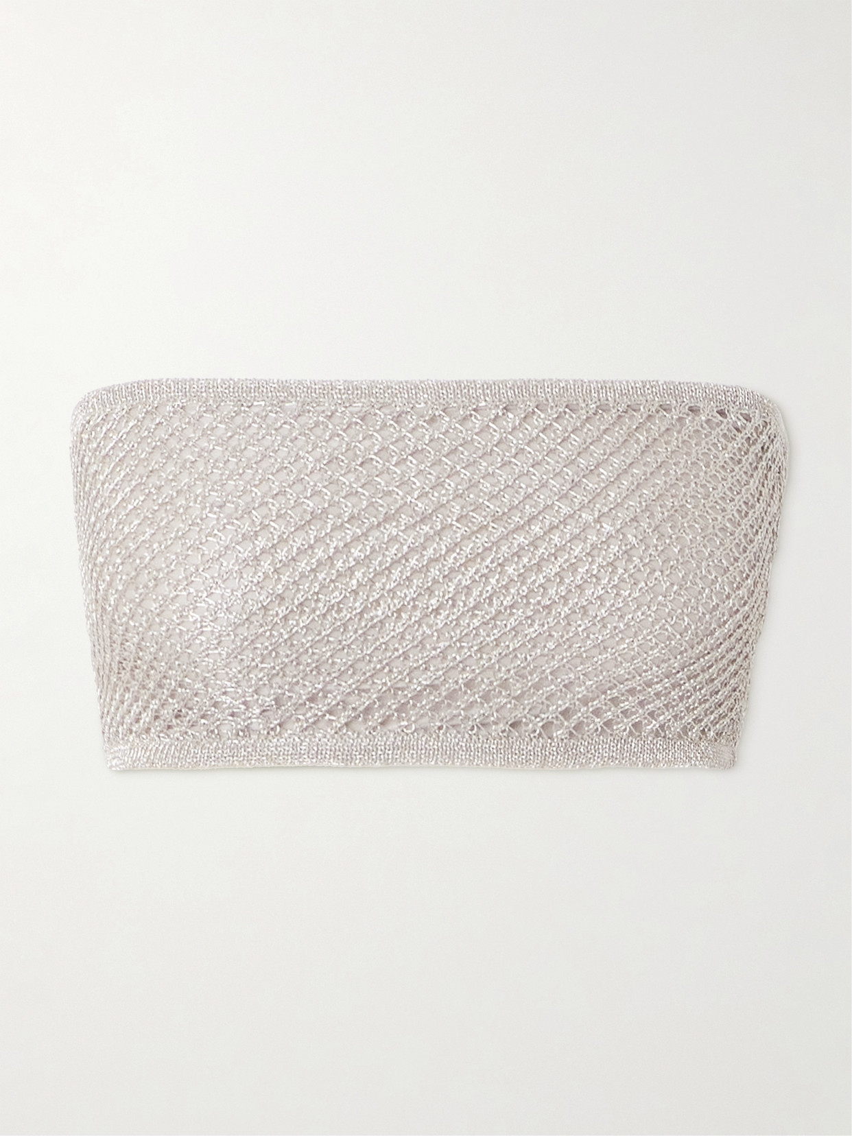 Alaïa Cropped Metallic Open-knit Bandeau Top In Silver