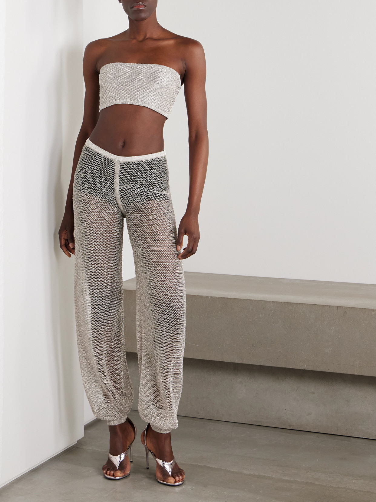 Alaïa Cropped Metallic Open-knit Bandeau Top In Silver