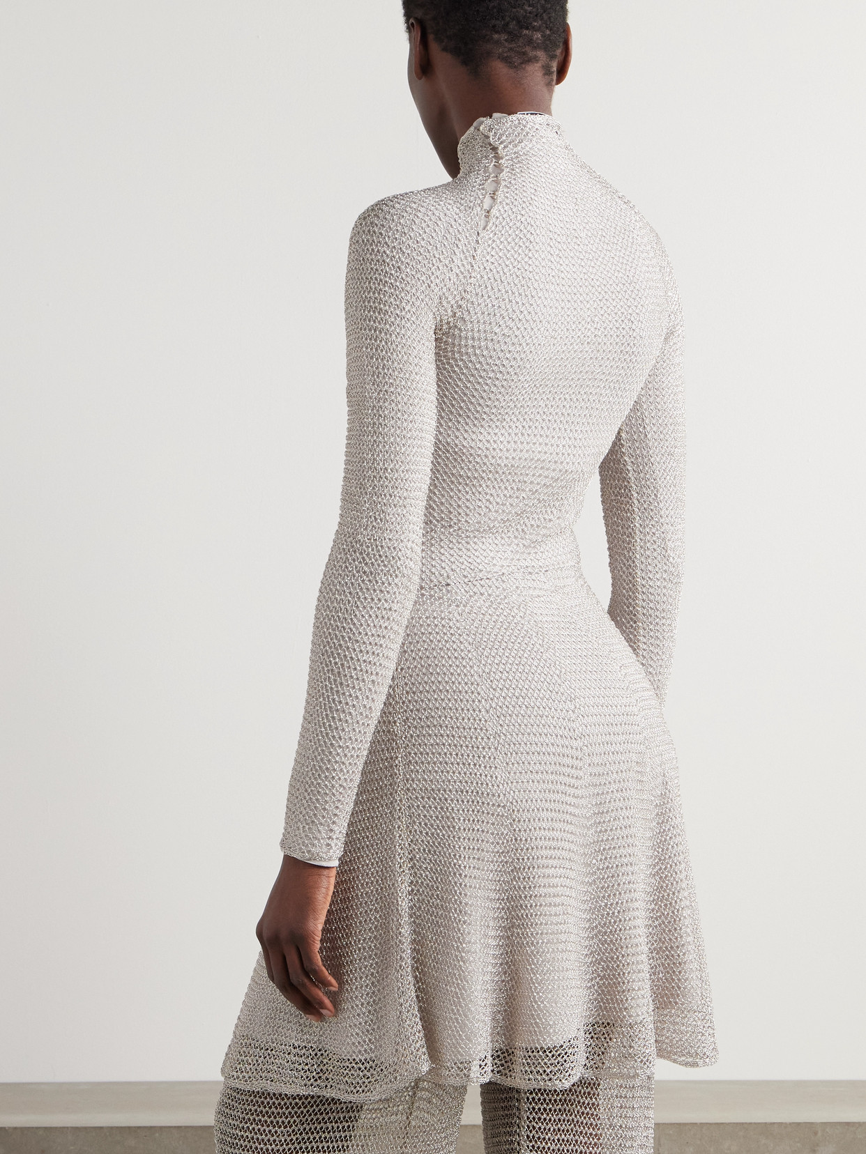 Alaïa Funnel-neck Chainmail Mesh Knit Mini Dress In Silver