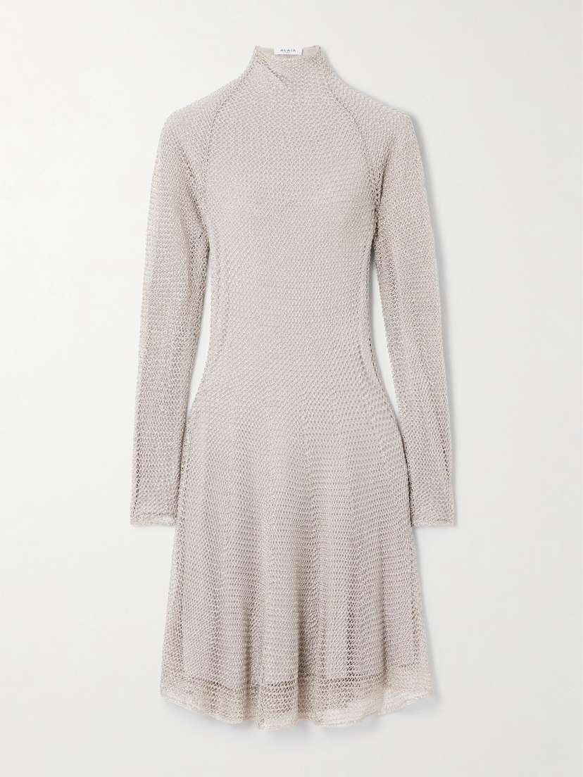 Alaïa Metallic Open-knit Turtleneck Mini Dress