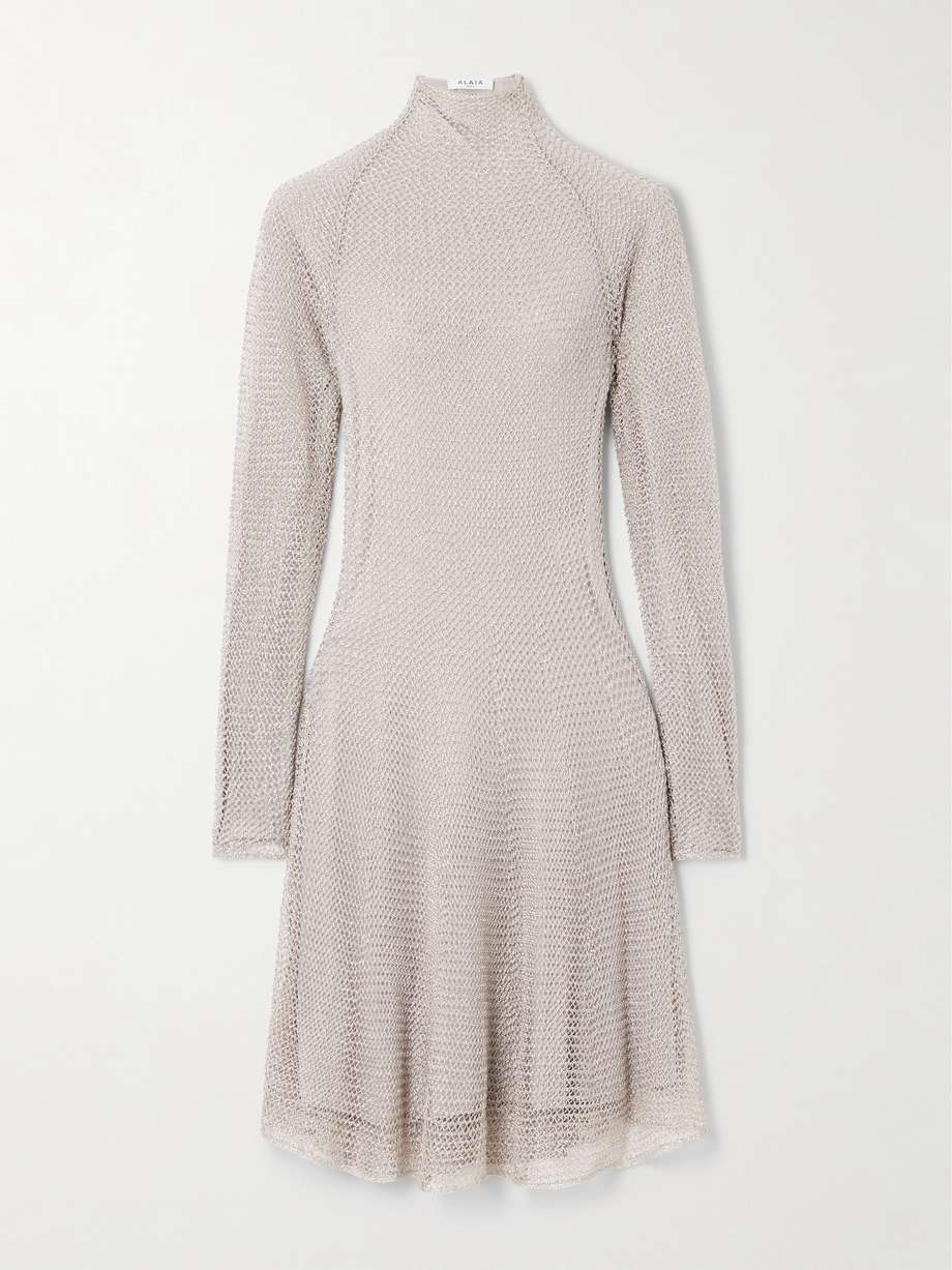 metallic open-knit turtleneck mini dress