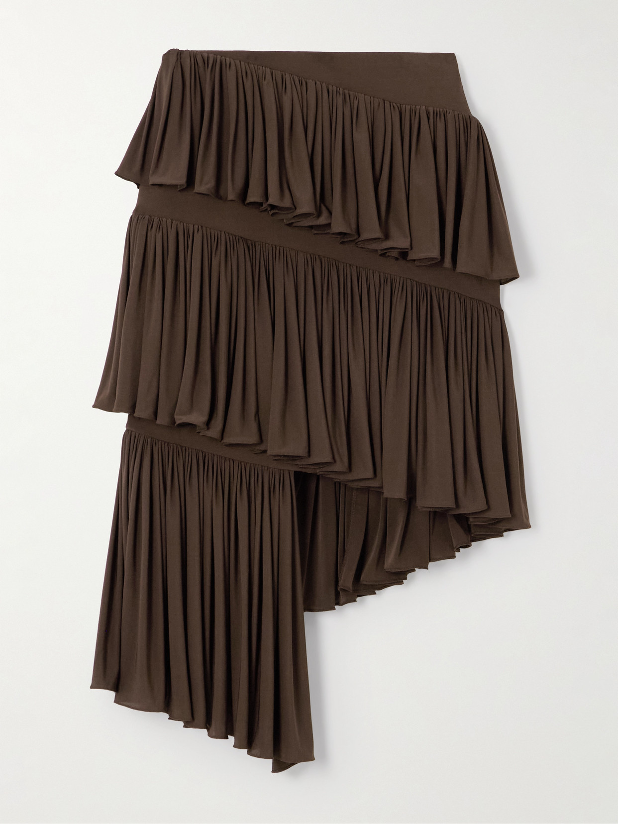 Alaïa Tiered Asymmetric Jersey Mini Skirt In Brown