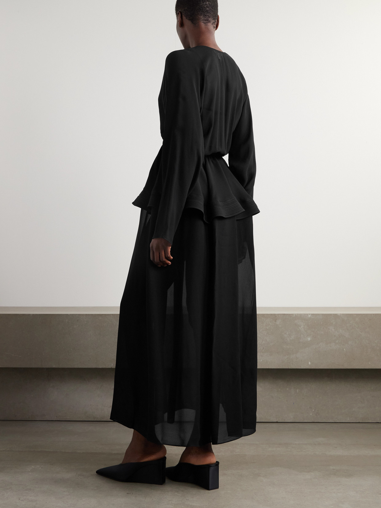 ALAÏA GATHERED GEORGETTE PEPLUM MIDI DRESS