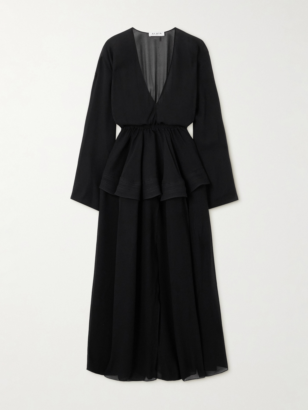 ALAÏA GATHERED GEORGETTE PEPLUM MIDI DRESS