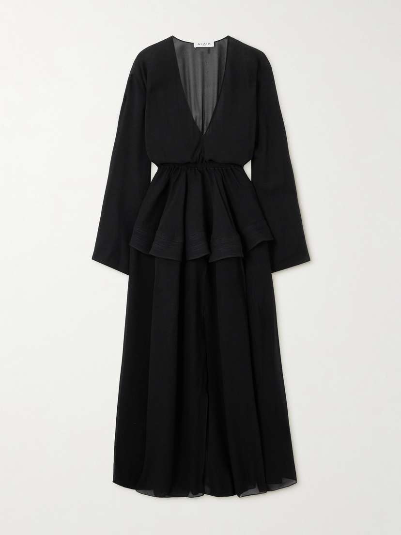 Alaïa Gathered Georgette Peplum Midi Dress