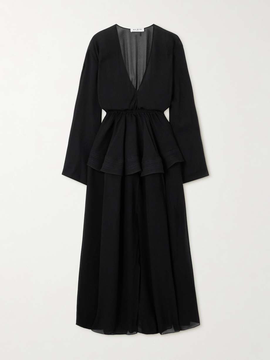 gathered georgette peplum midi dress