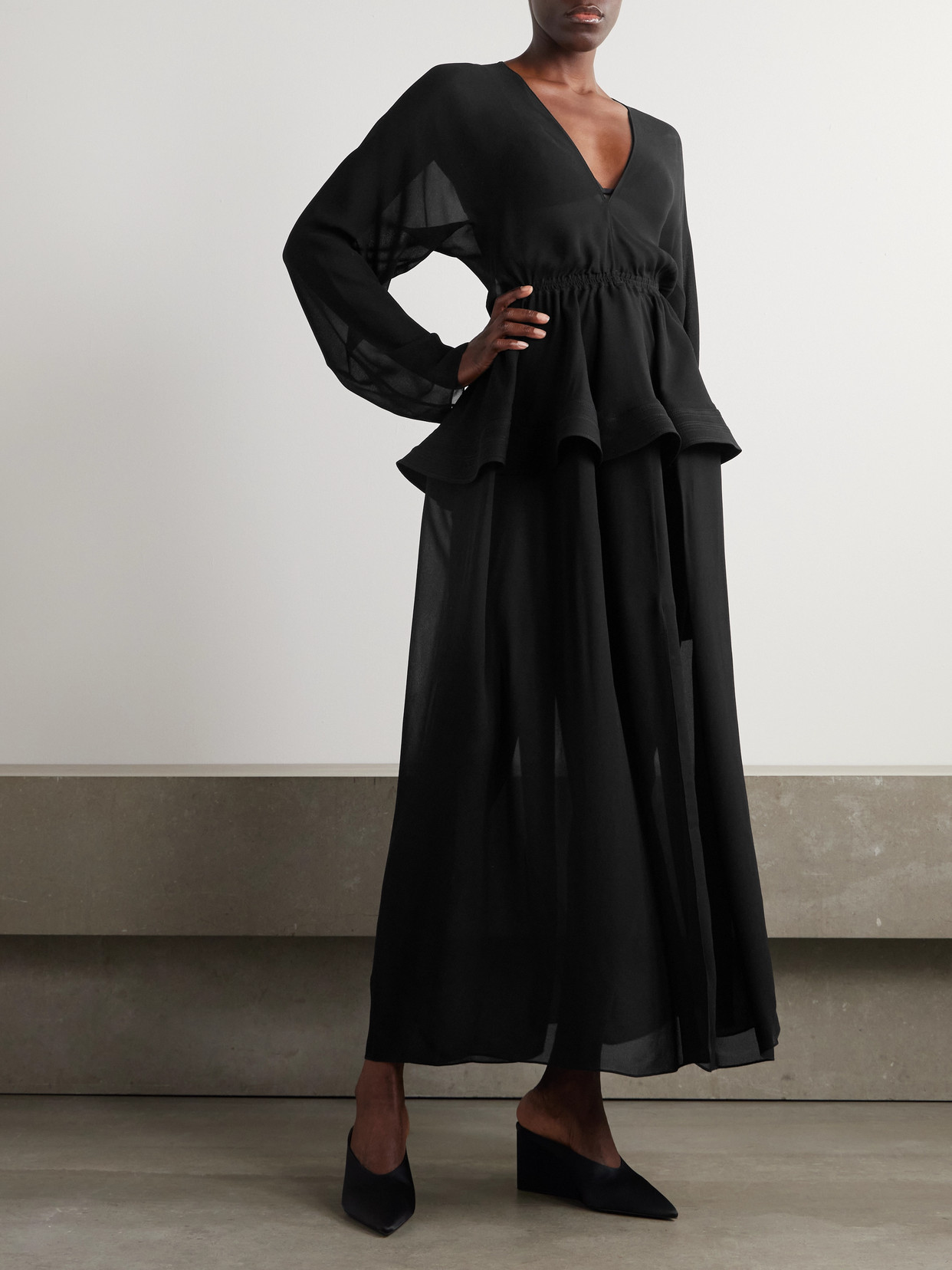 ALAÏA GATHERED GEORGETTE PEPLUM MIDI DRESS
