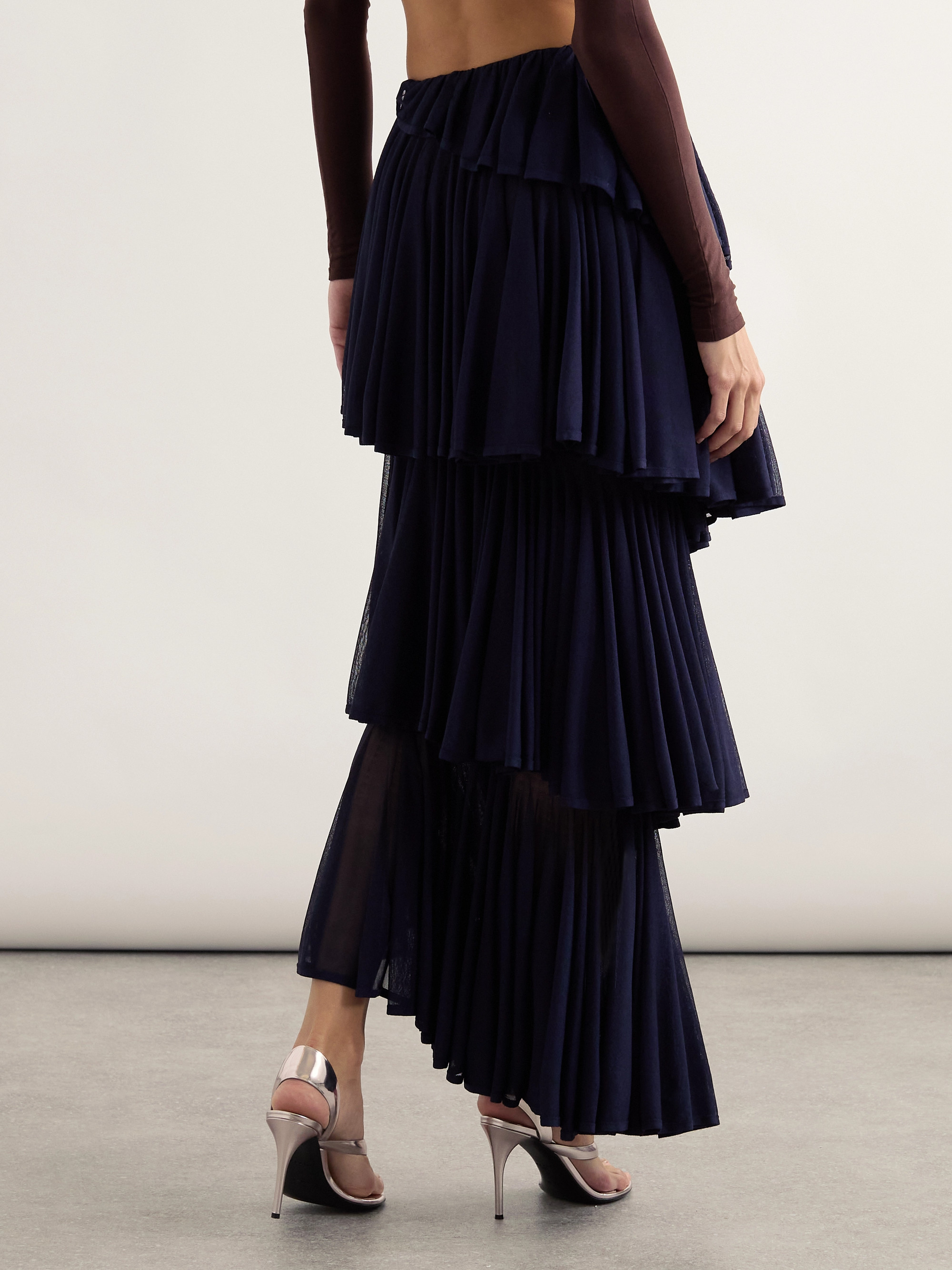 Alaïa Asymmetric pleated tiered knit midi skirt thumbnail