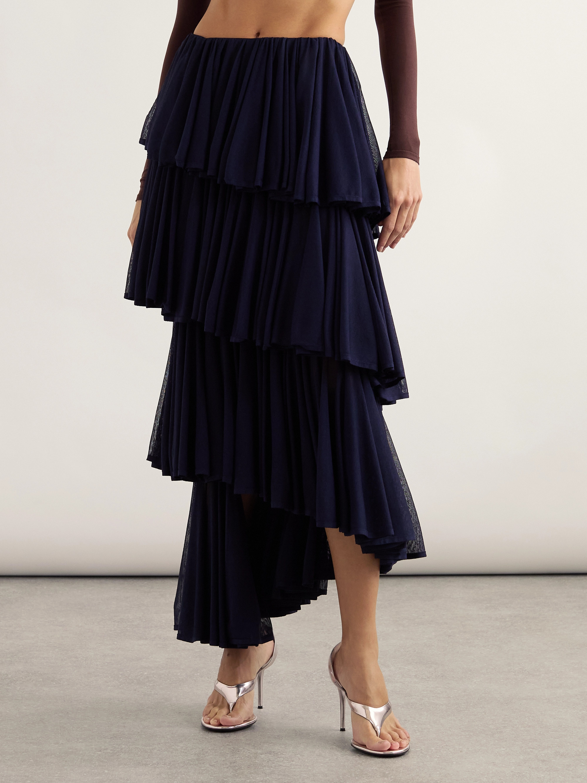 Alaïa Asymmetric pleated tiered knit midi skirt