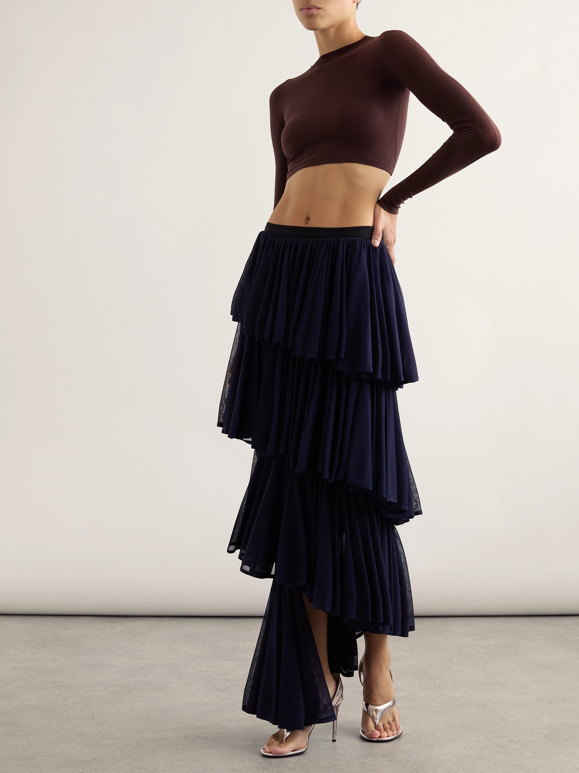 Alaïa Asymmetric pleated tiered knit midi skirt thumbnail