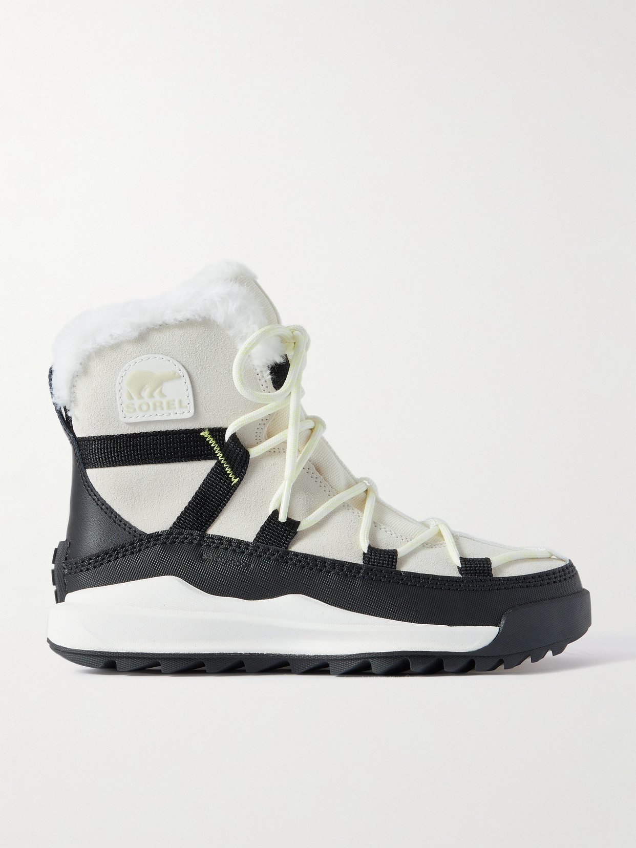 Sorel Ona Rmx Glacy Faux Fur, Canvas And Leather-trimmed Suede Snow Boots In Cream