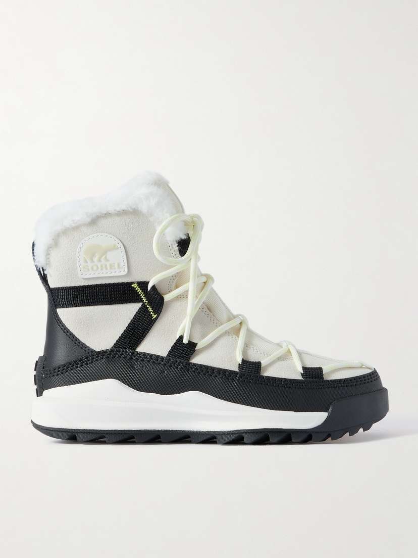 Sorel Ona Rmx Glacy Faux Fur, Canvas And Leather-trimmed Suede Snow Boots