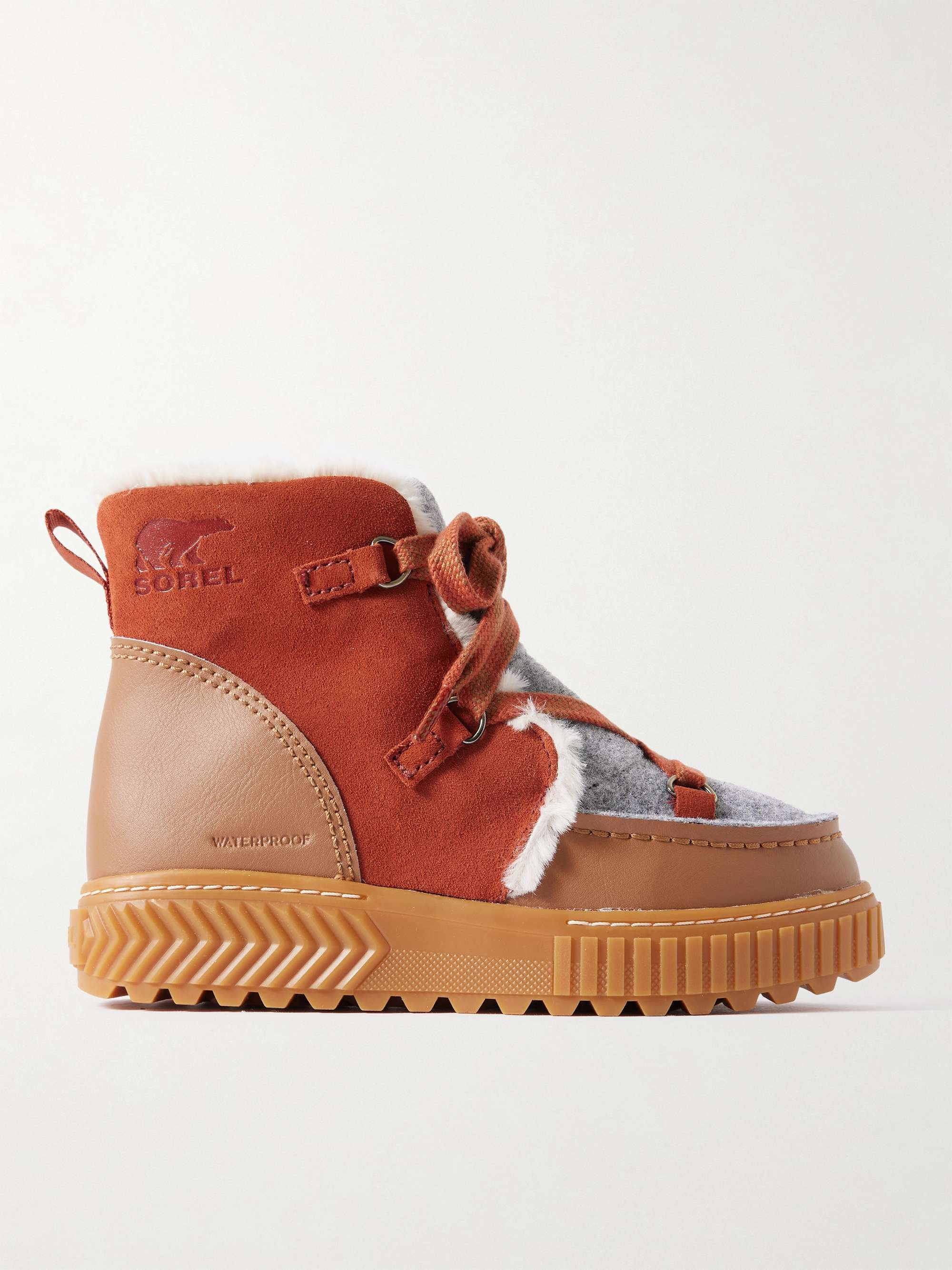 ONA AVE Alpine Ankle Boots aus Filz Veloursleder und Leder mit Besatzen aus Shearling Imitat beige US5.5