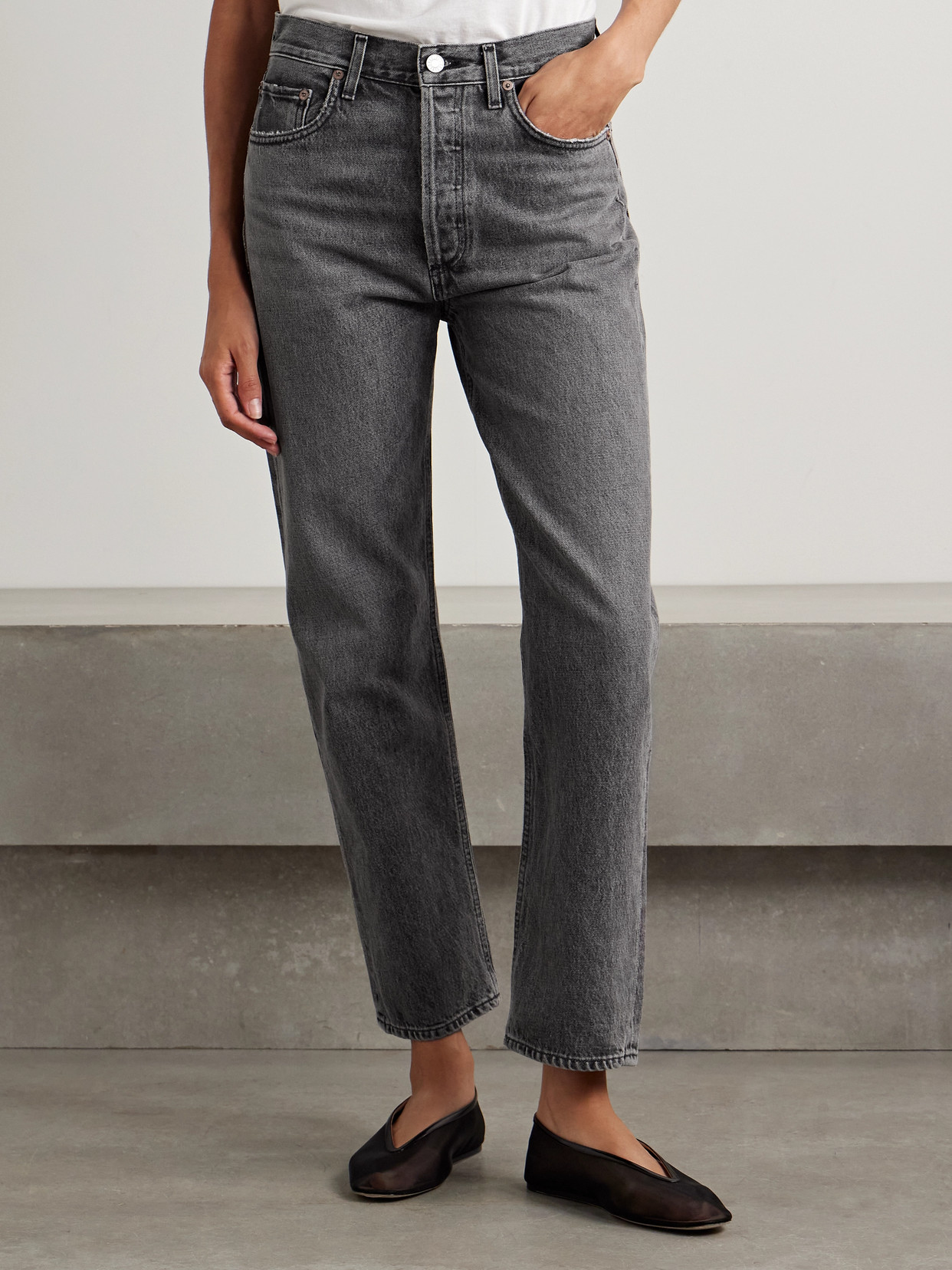 Agolde '90s Pinch Waist Cropped High-rise Straight-leg Jeans In Black