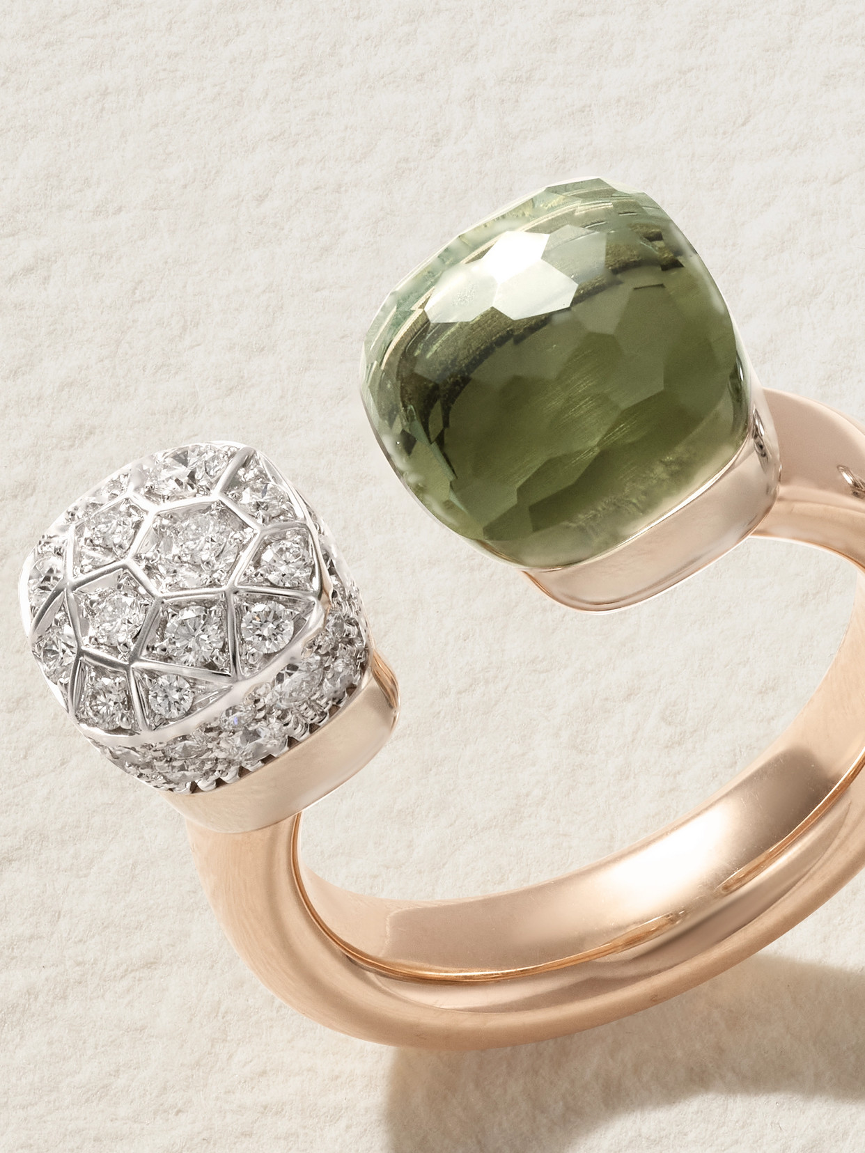 Pomellato Nudo 18kt Rose And White Gold Ring With Diamonds And Prasiolite In Gold