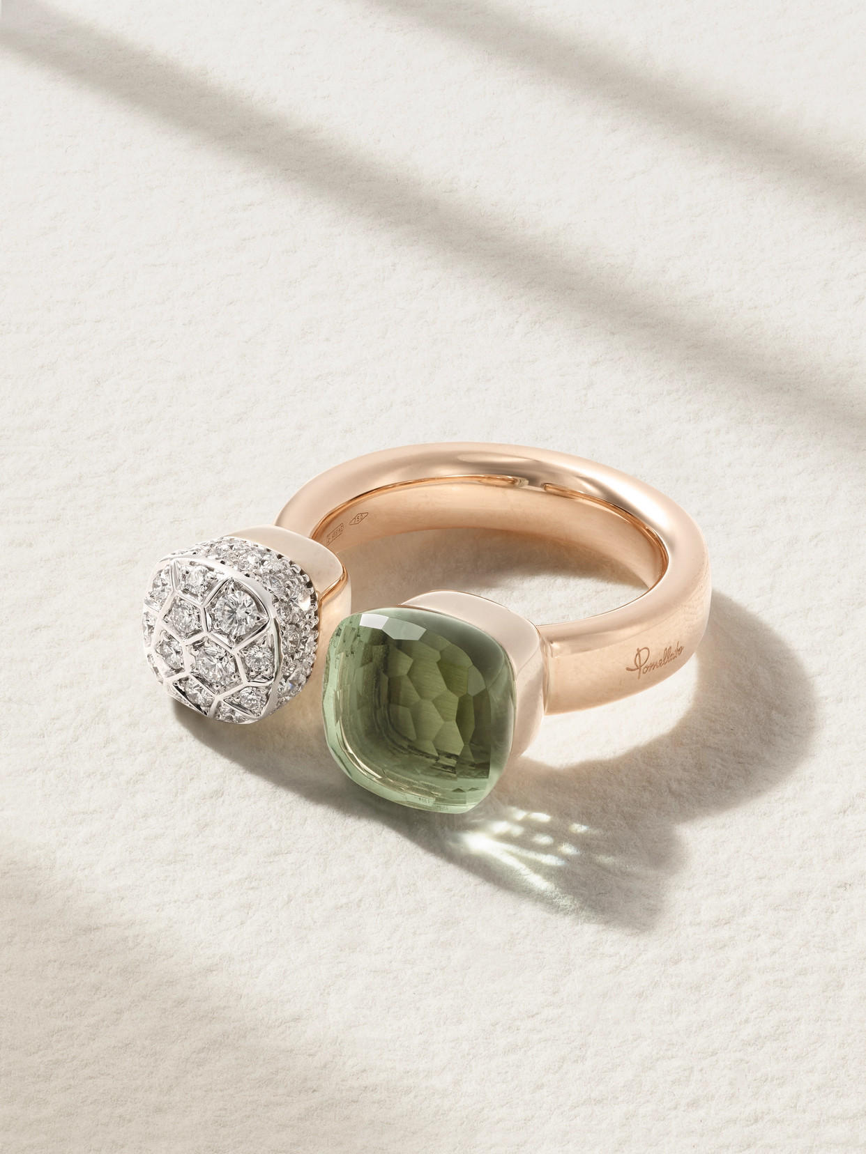 Pomellato Nudo 18kt Rose And White Gold Ring With Diamonds And Prasiolite In Gold
