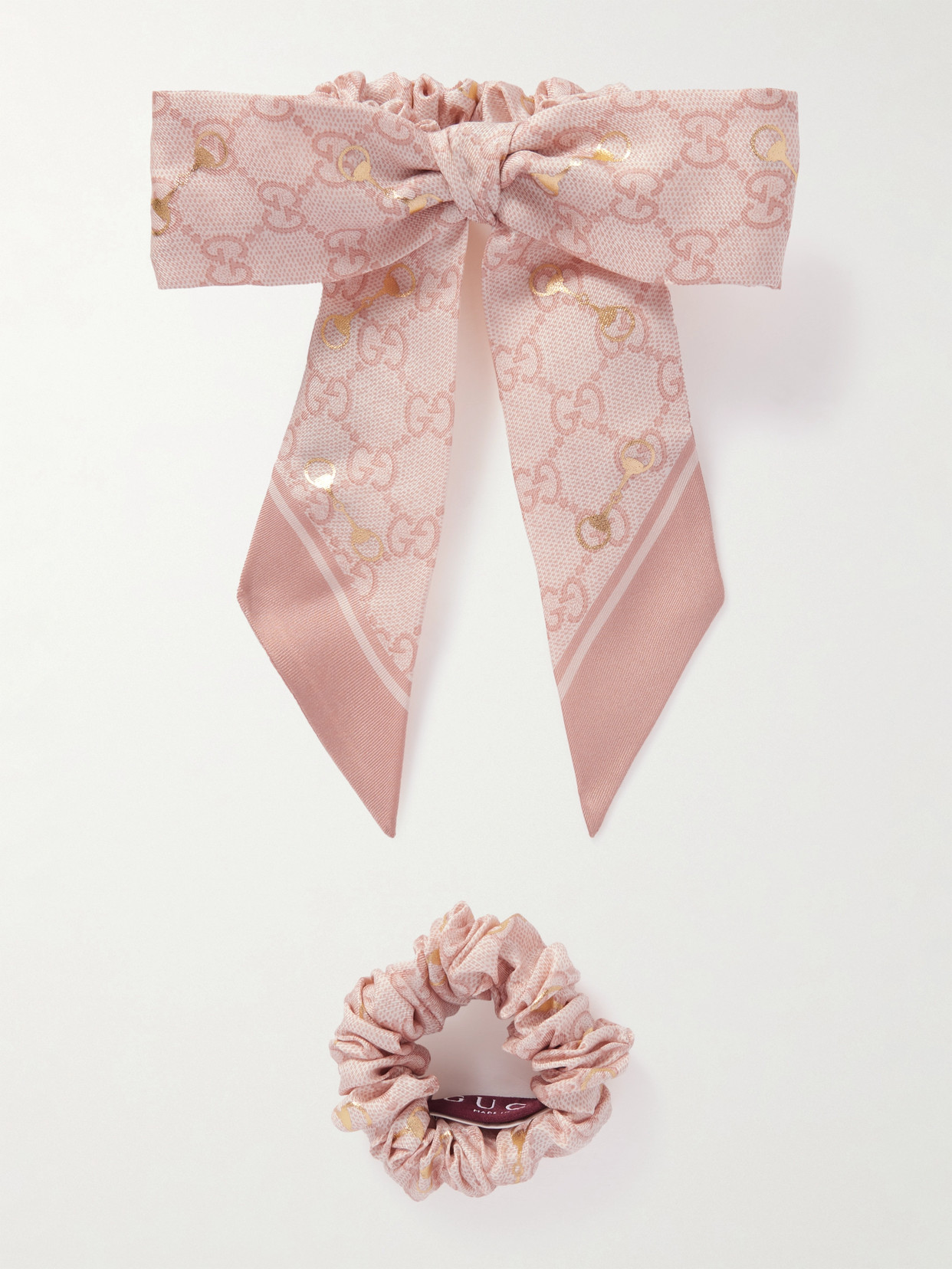 Gucci Gg Printed Metallic Silk Hair Tie And Scrunchie Set In Pink
