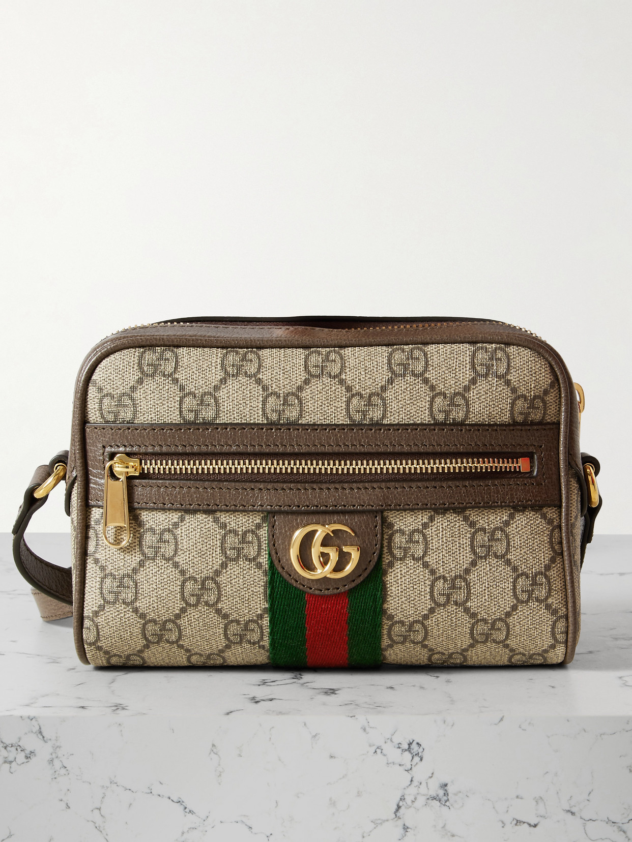 Gucci - Ophidia Mini Leather-trimmed Printed Coated Cotton-canvas Shoulder Bag - Brown