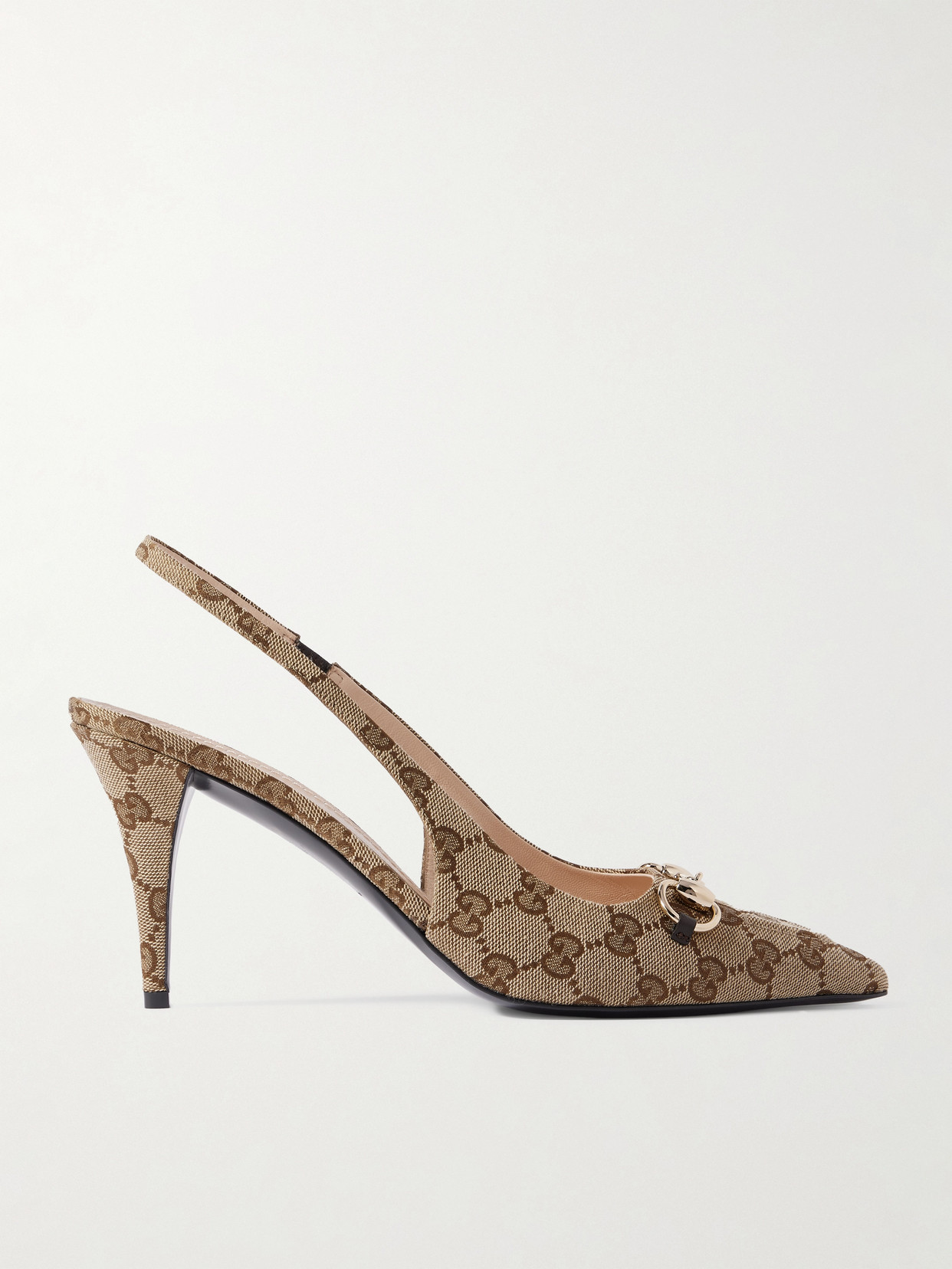 Gucci Erin Horsebit-detailed Canvas-jacquard Slingback Pumps In Brown