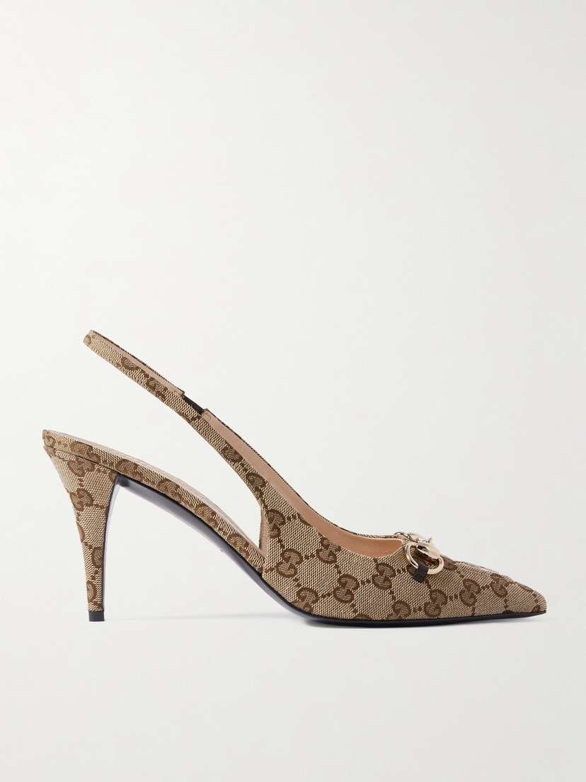 Gucci Erin Horsebit-detailed Canvas-jacquard Slingback Pumps