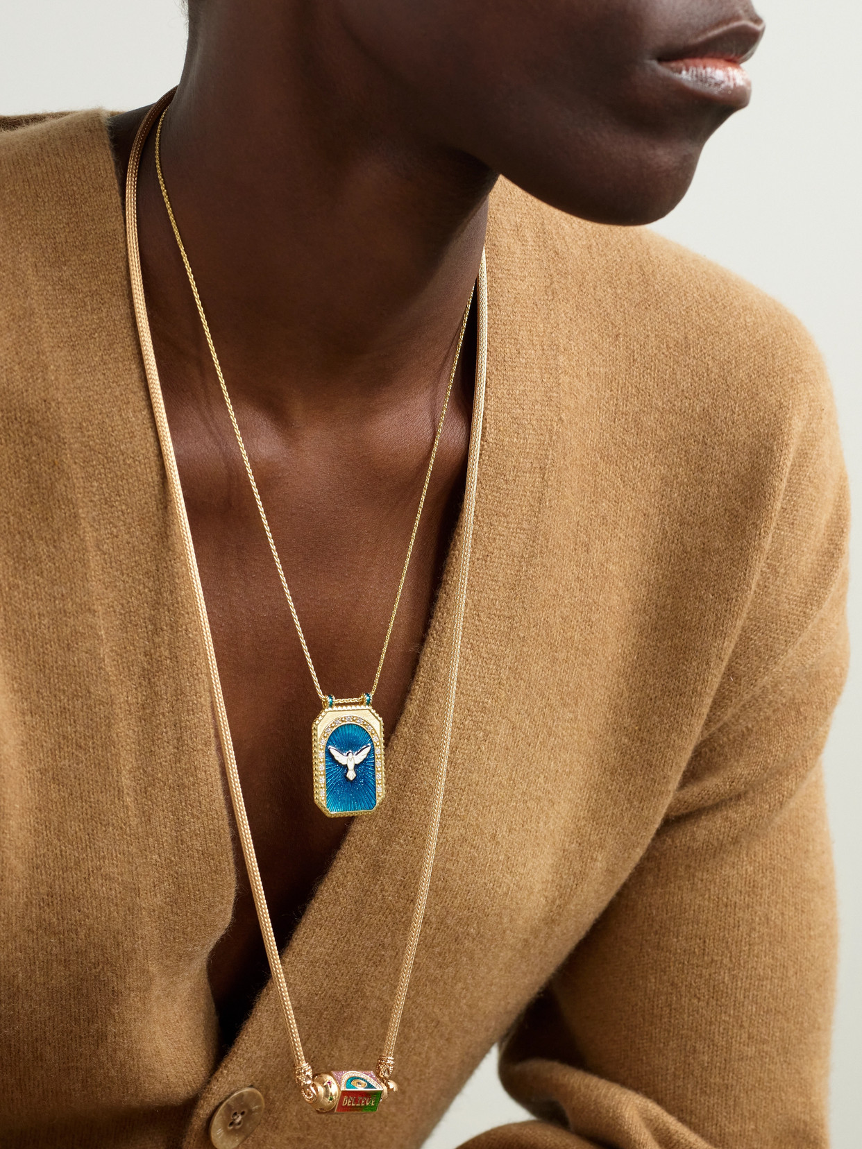 Shop Marie Lichtenberg Peace Scapular 18-karat Gold, Diamond And Enamel Necklace In Blue