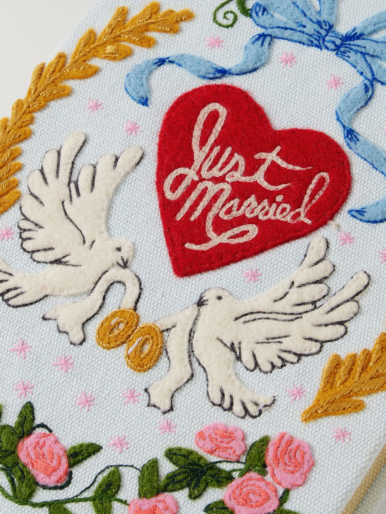 Olympia Le-tan Just Married Embroidered Appliquéd Canvas Clutch In Blue