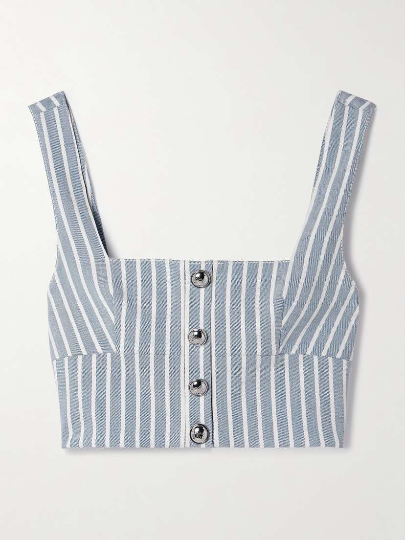 Adam Lippes Quinn Button-embellished Cropped Striped Denim Top