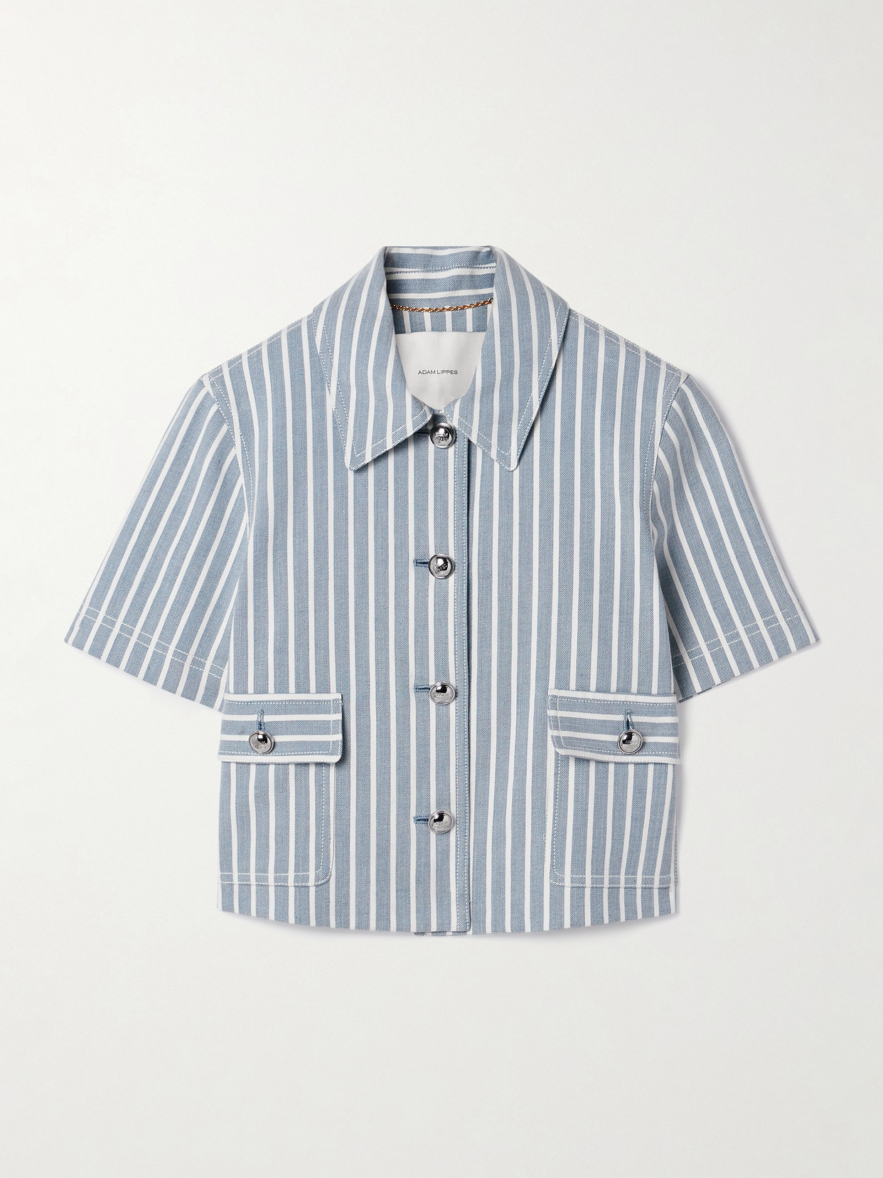 Adam Lippes Marseille Hickory Striped Denim Crop Shirt Jacket In Blue