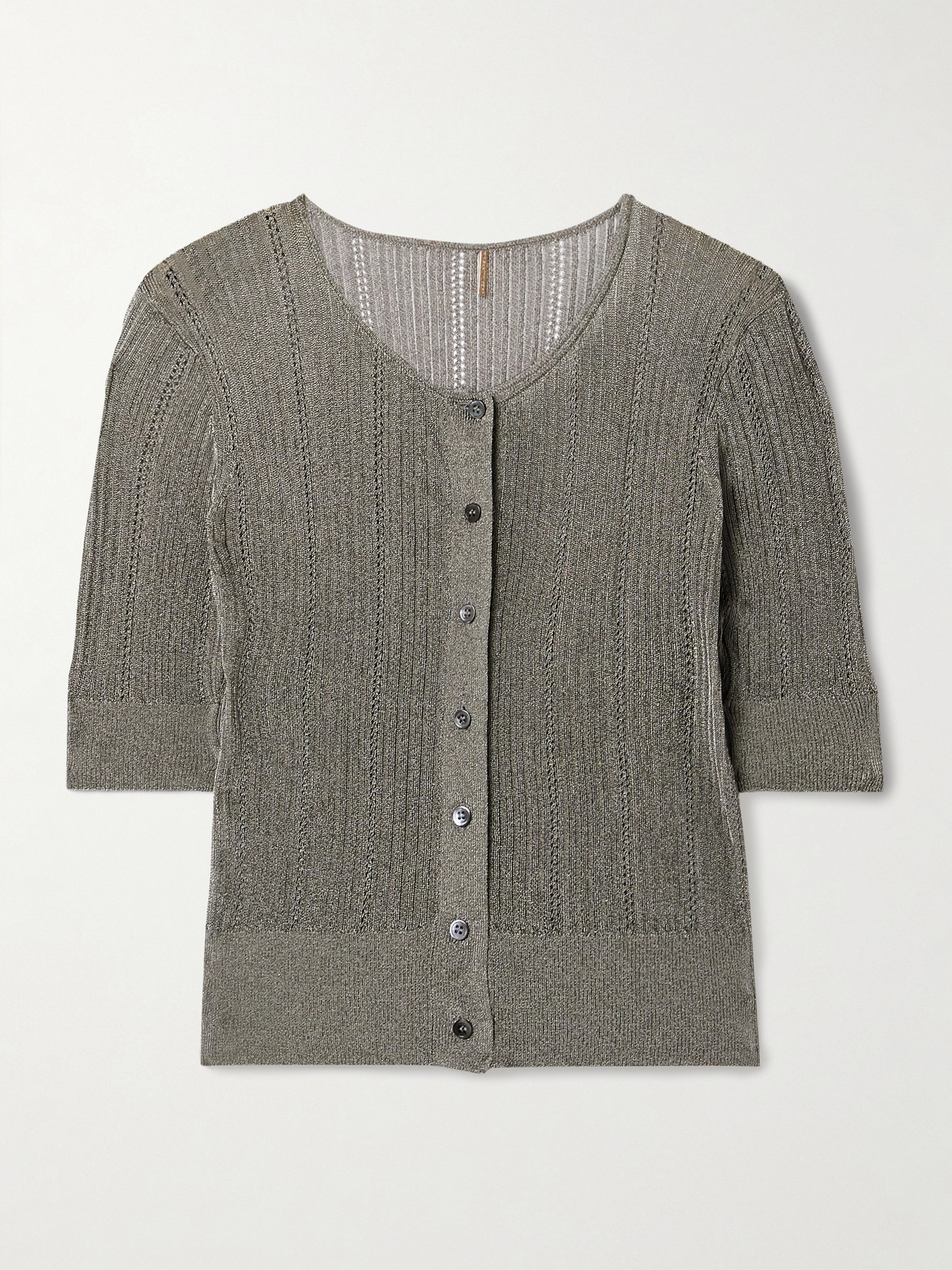 Adam Lippes Metallic Pointelle And Ribbed-knit Cardigan In Brown