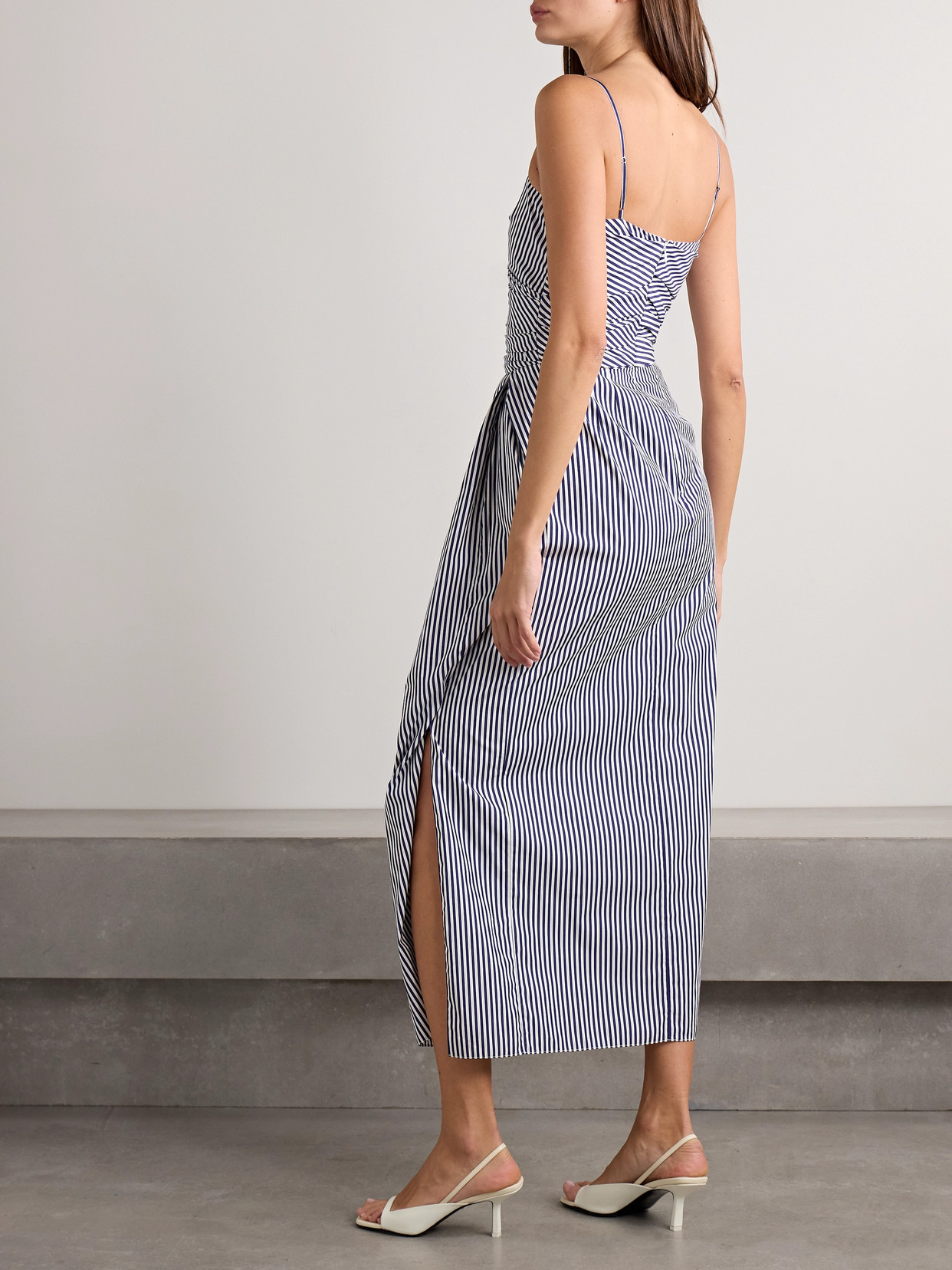 Adam Lippes Cari Wrap-effect Gathered Striped Cotton-poplin Midi Dress In Blue