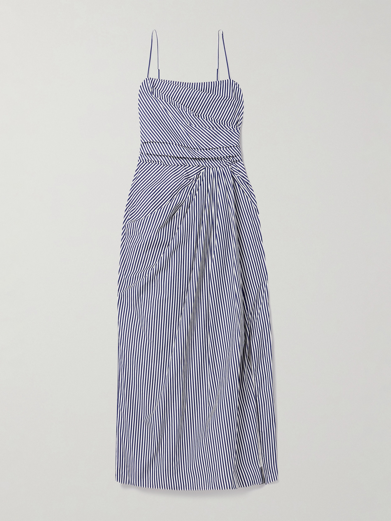 Adam Lippes Cari Wrap-effect Gathered Striped Cotton-poplin Midi Dress In Blue