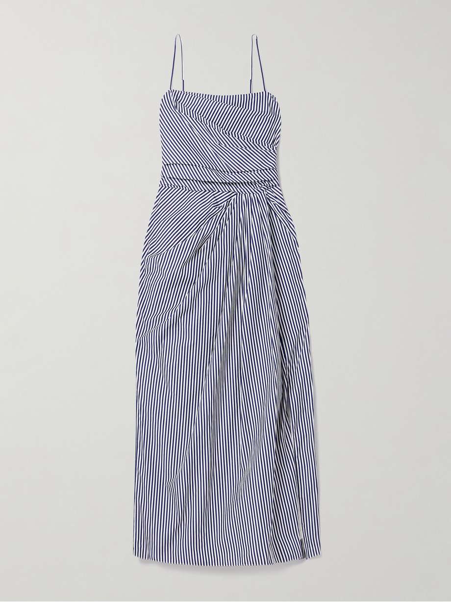 cari wrap-effect gathered striped cotton-poplin midi dress
