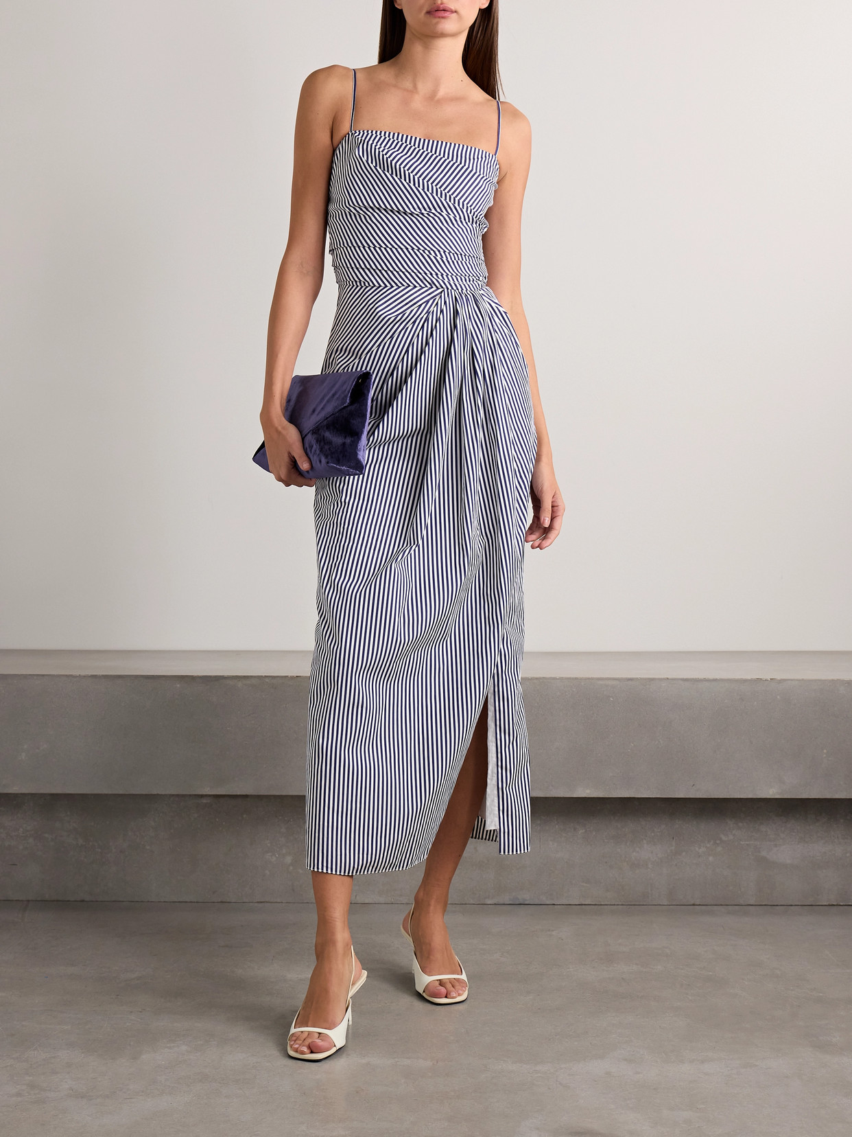 Adam Lippes Cari Wrap-effect Gathered Striped Cotton-poplin Midi Dress In Blue