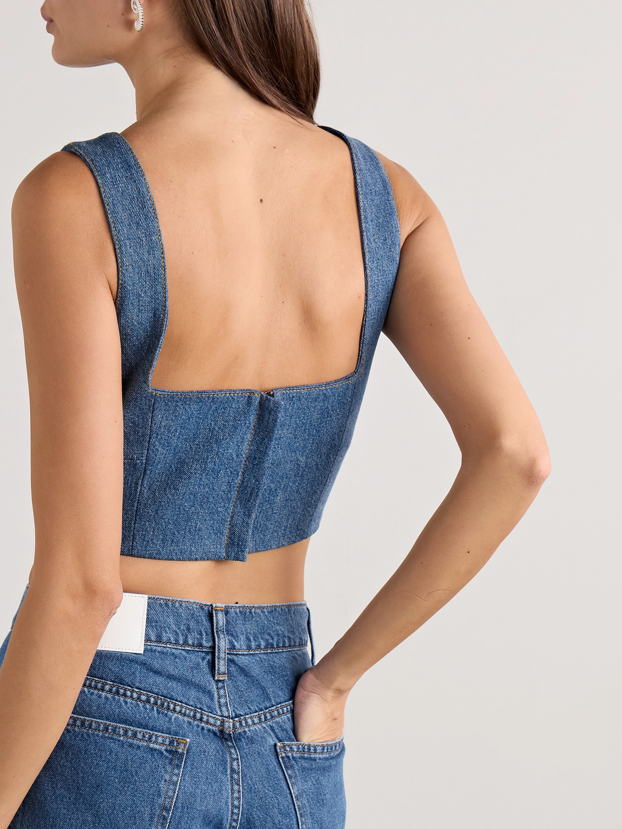 Adam Lippes Quinn Button-embellished Cropped Denim Top In Blue