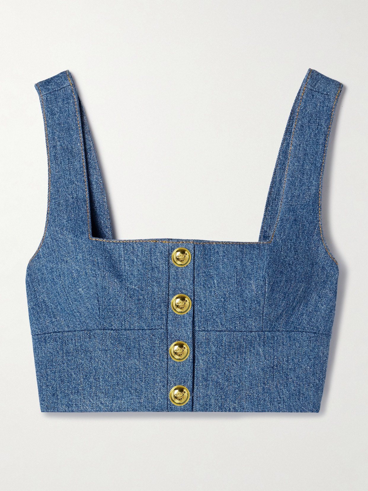 Adam Lippes Quinn Button-embellished Cropped Denim Top In Blue