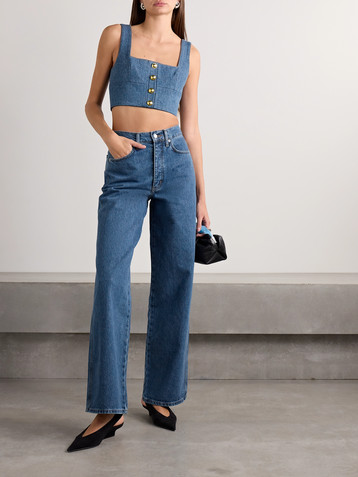 Adam Lippes Quinn button-embellished cropped denim top
