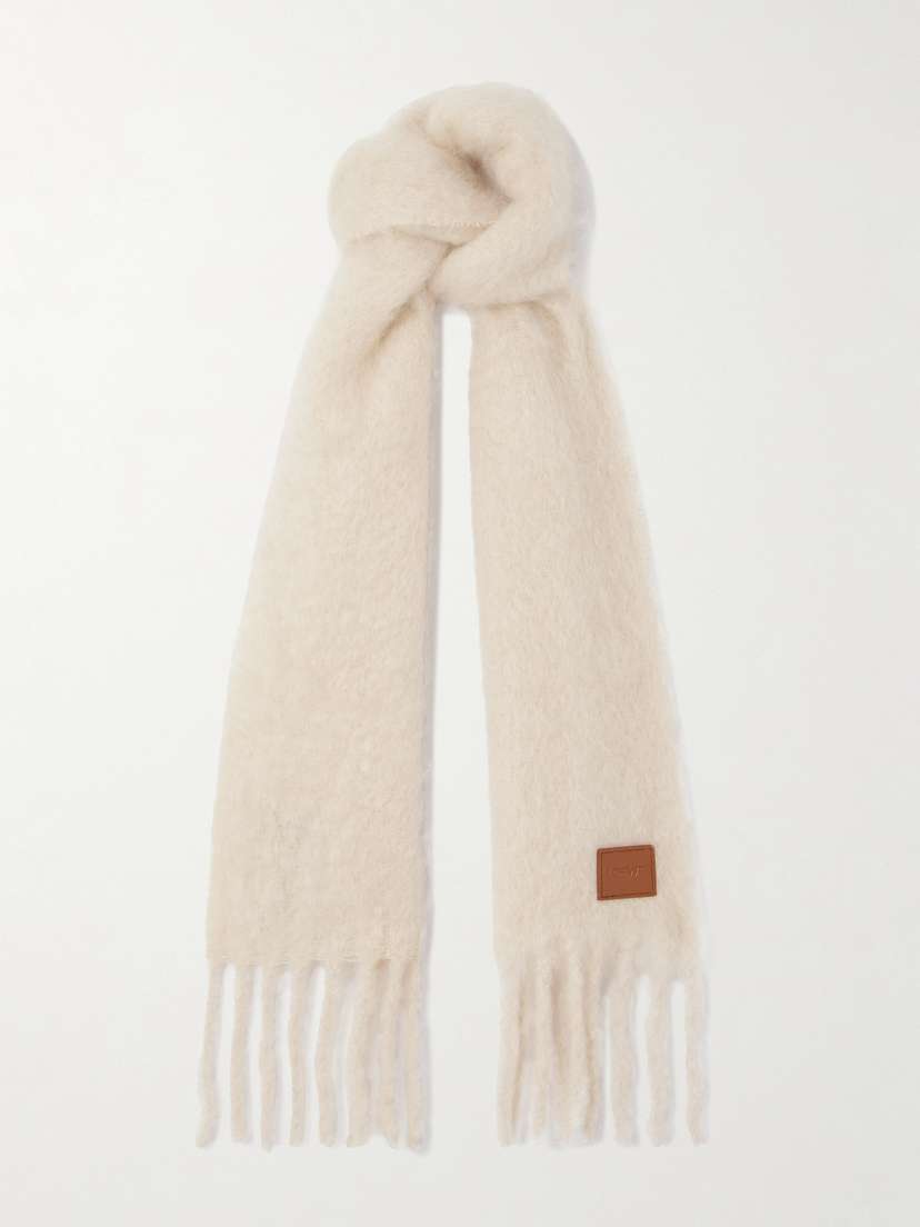 Loewe Fringed Appliquéd Leather-trimmed Brushed Mohair-blend Scarf