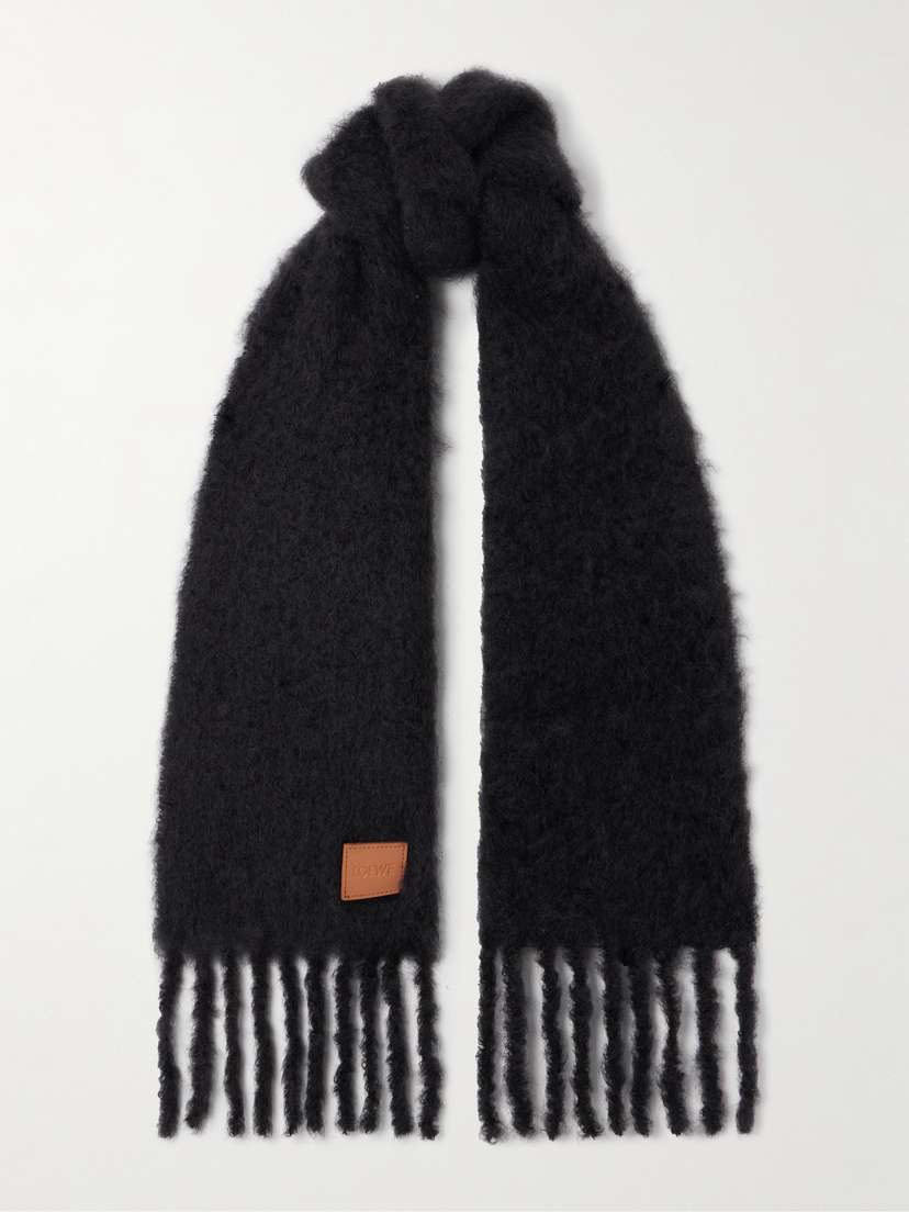 Loewe Fringed Appliquéd Leather-trimmed Brushed Mohair-blend Scarf