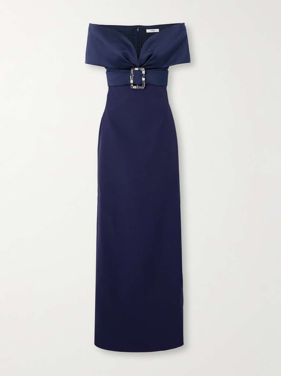 off-the-shoulder crystal-embellished belted crepe gown