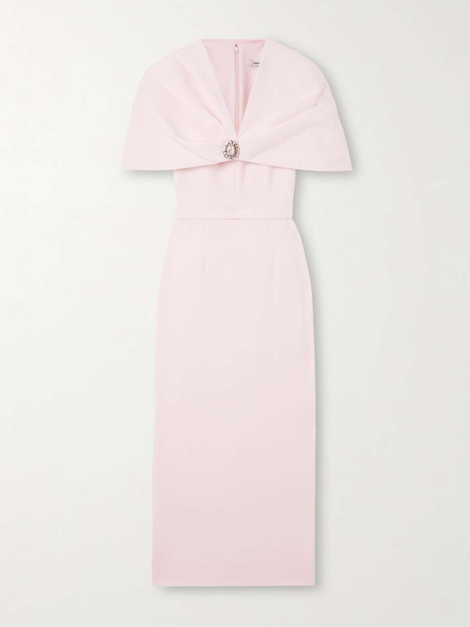 crystal-embellished cape-effect crepe midi dress