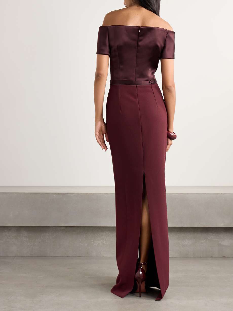 ebren off-the-shoulder belted duchesse satin-trimmed crepe gown