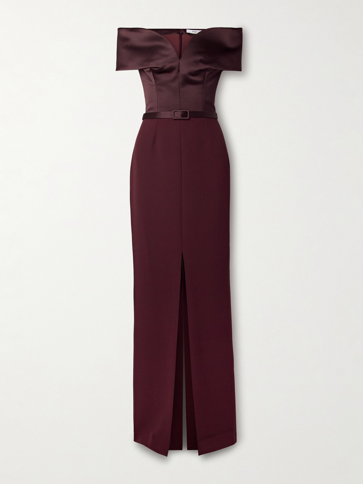Safiyaa Ebren Off-the-shoulder Belted Duchesse Satin-trimmed Crepe Gown In Burgundy