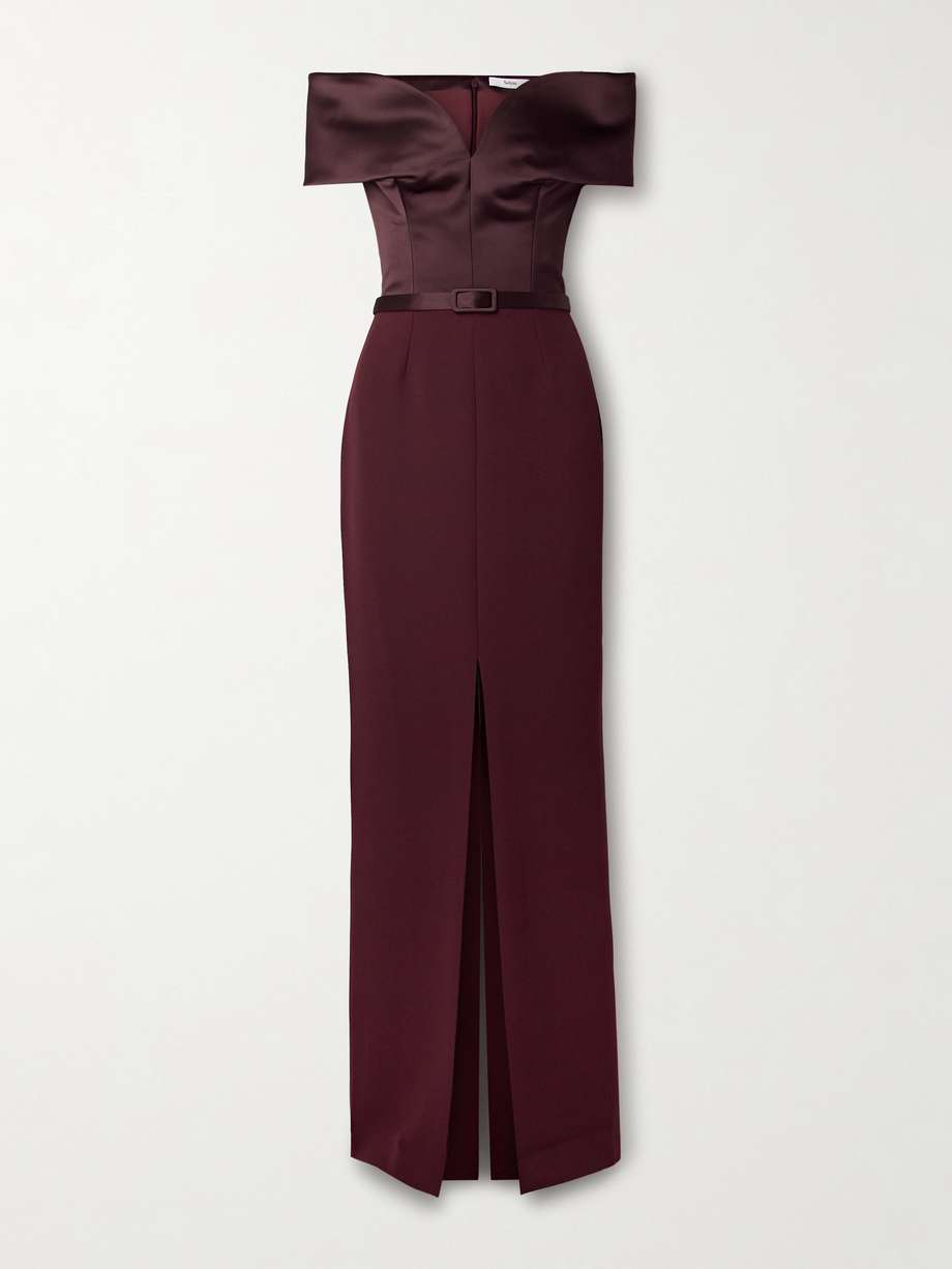 ebren off-the-shoulder belted duchesse satin-trimmed crepe gown