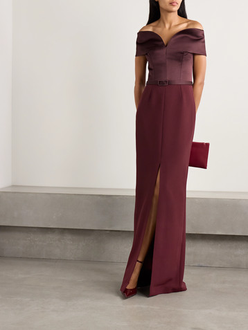 Safiyaa Ebren off-the-shoulder belted duchesse satin-trimmed crepe gown