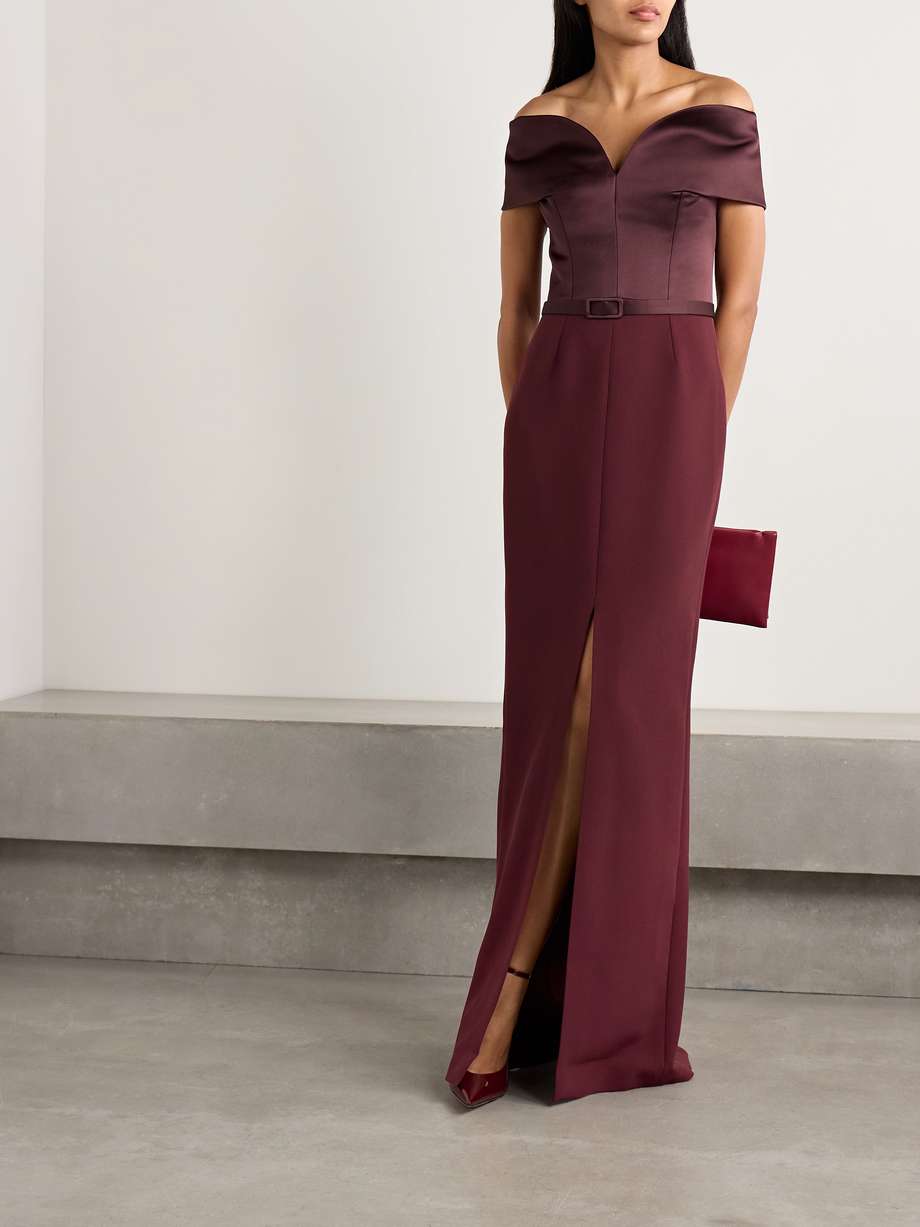 ebren off-the-shoulder belted duchesse satin-trimmed crepe gown