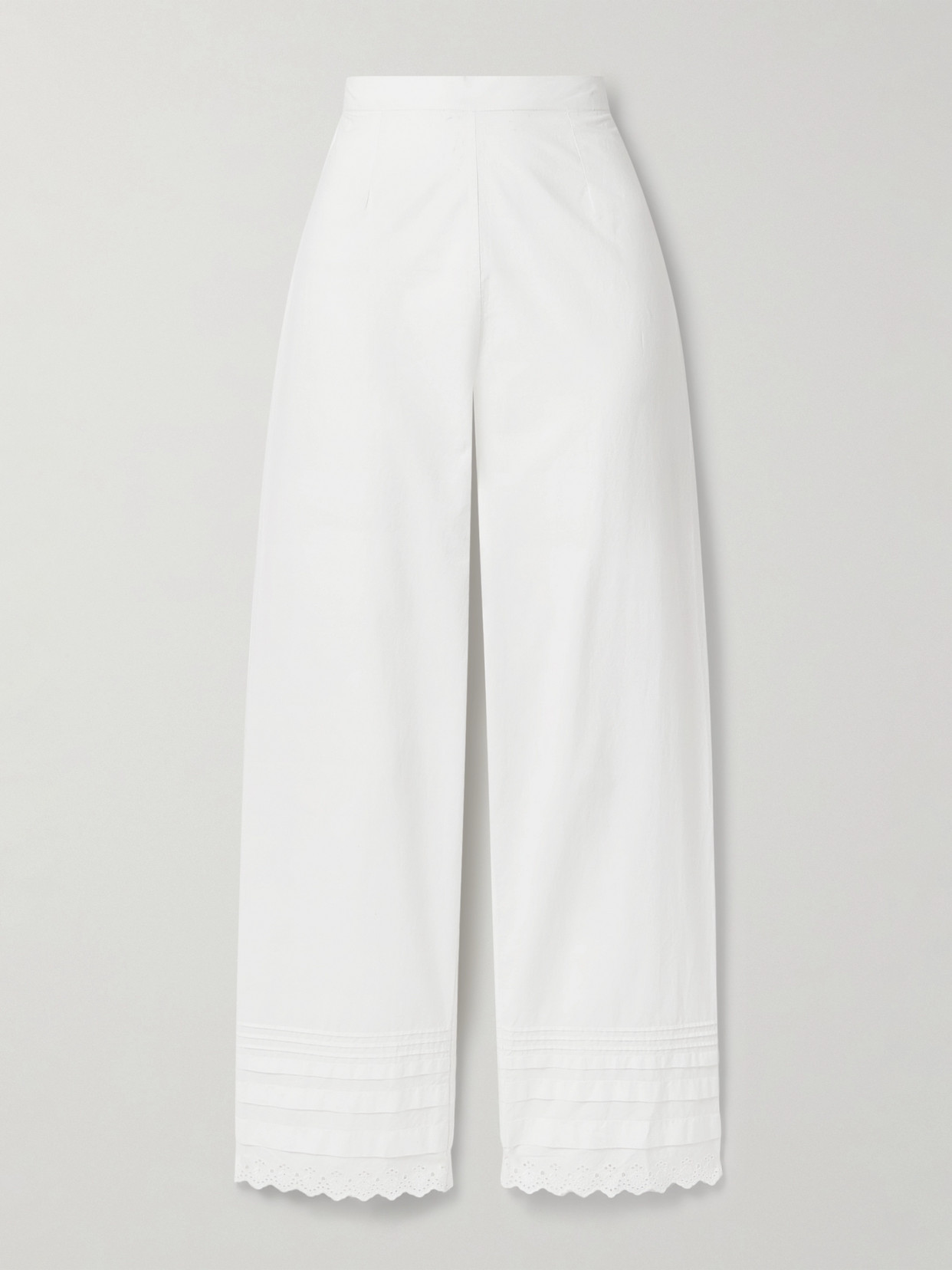 Doen Francisca Broderie Anglaise-trimmed Pintucked Organic Cotton-poplin Straight-leg Pants In White