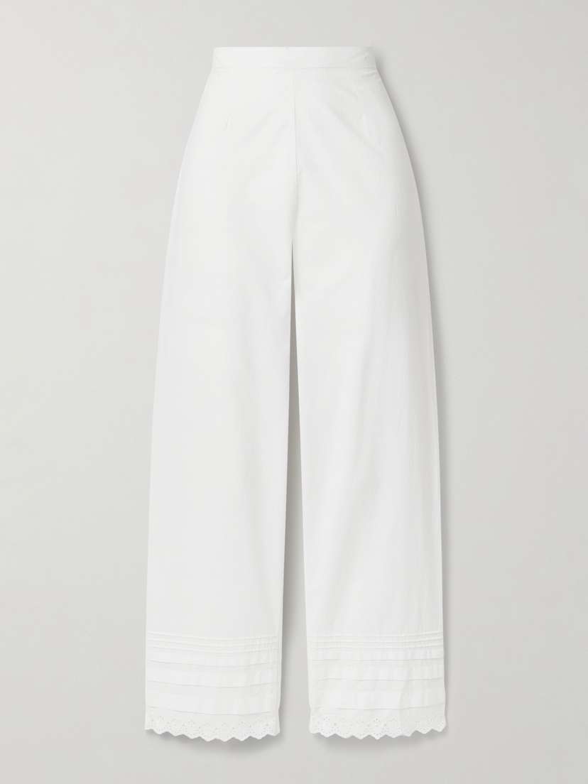 DÔEN Francisca Broderie Anglaise-trimmed Pintucked Organic Cotton-poplin Straight-leg Pants