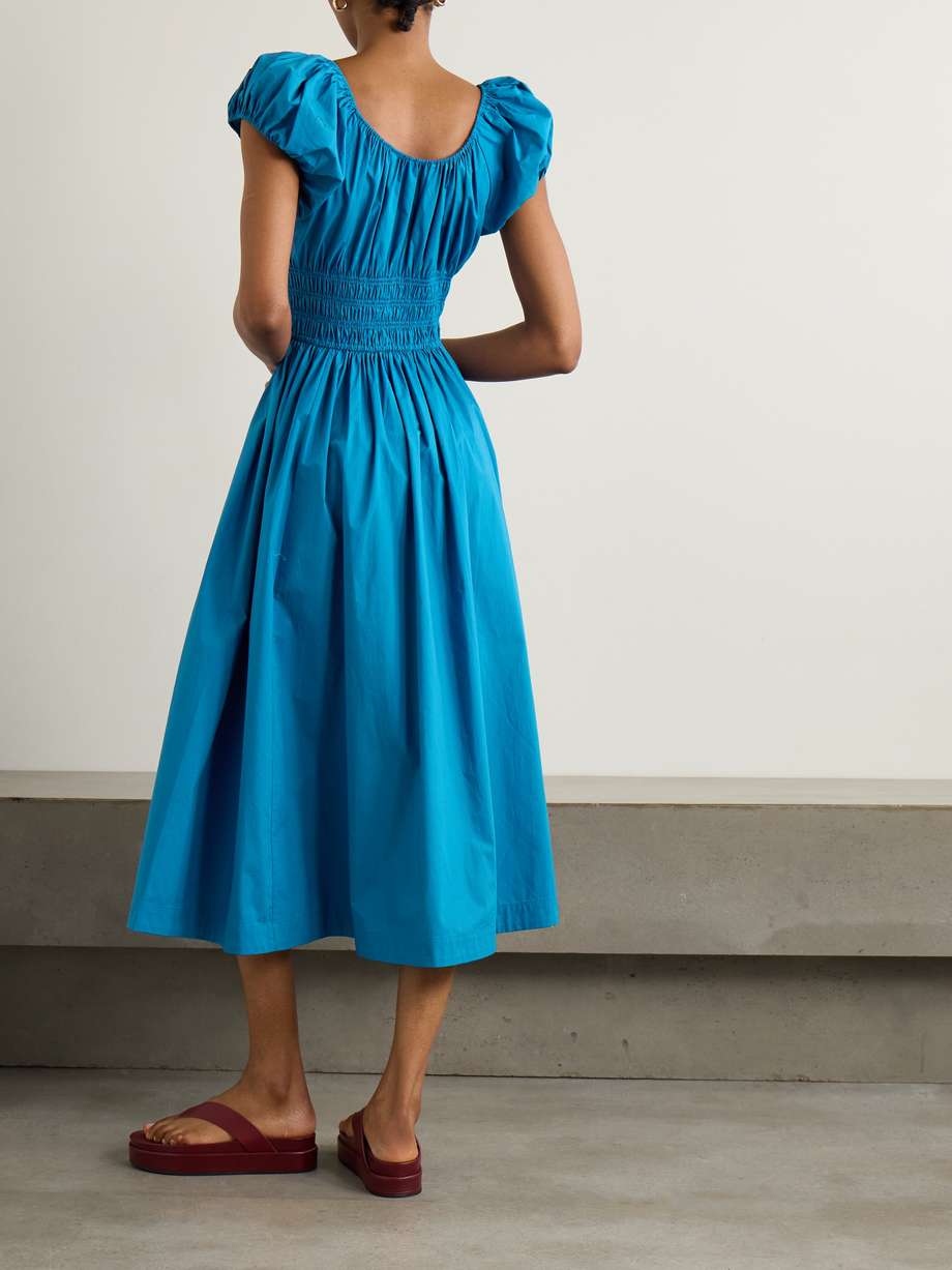 quinn tie-detailed shirred cotton-poplin midi dress