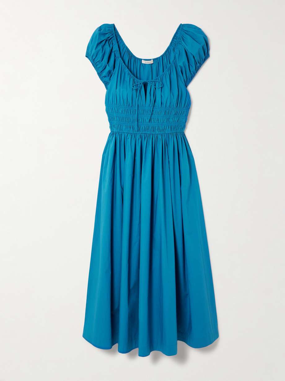 quinn tie-detailed shirred cotton-poplin midi dress